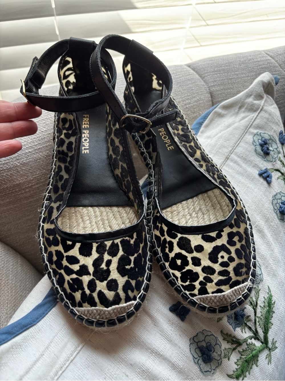 Free People Leopard Espadrille Ankle-Strap Sandals in Black and Beige